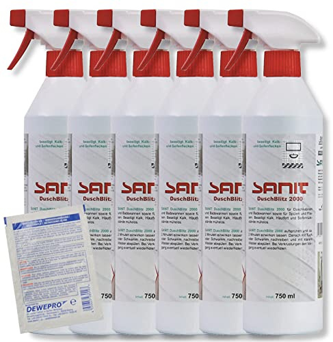 DEWEPRO-Set: SANIT DuschBlitz 2000 (3015) - 6 Flaschen à 750ml - beseitigt mühelos Kalk, Hautfett und Seifenrückstände auf Duschkabinen, Fliesen und Wannen, inkl. 1 St. DEWEPRO® Single Scrubs