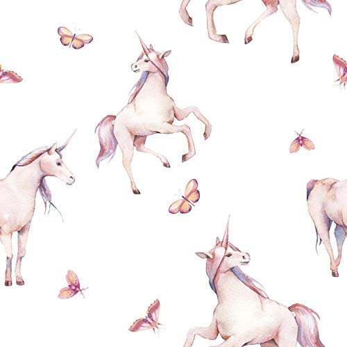 wandmotiv24 Fototapete Kinderzimmer Schmetterlinge Einhorn, 200 x 140cm - selbstklebende Strukturtapete, Wanddeko, Wandbild, Wandtapete, Muster Aquarell Rosa M5791