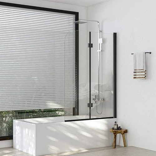 2-teilig Duschwand für Badewanne 120x140cm Faltbar badewannenaufsatz, Duschabtrennung 5mm EGS Sicherheitsglas Faltwand, Duschtrennwand Trennwand mit Nano beschichtung, Mattes Schwarz Duschtrennwand