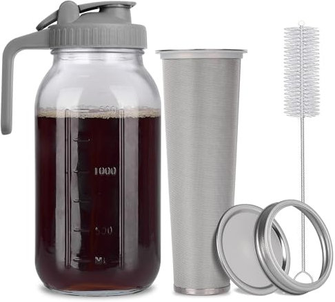 Cold Brew Mason Jar - Cafetera helada de vidrio duradero, 64 onzas (2 cuartos de galón), con asa y filtro de acero inoxidable para café helado, limonada, té helado, recipiente de bebidas de frutas