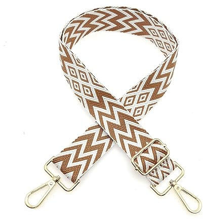 JZK Correa de tela ancha ajustable de estilo bohemio marrón y blanco con clips para bolso, correa de bolso de hombro, correa de repuesto para bolsa cruzada