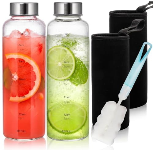 Pumtus 2 Pack Glass Water Bottles With Time Marker, 500ml Motivational Water Bottles with Non-slip Sleeve, Beverage Bottle with Hydrating Reminder, Reusable Drinking Bottles for Hot and Cold Drinks