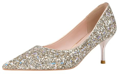 Glitterpumps damer höga klackar sexig kattunge klack prickade tå sko 6 cm lediga kontorsskor klänning skor, gyllene, 37 EU