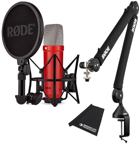 Rode NT1 Signature Red - Micrófono de estudio rojo + trípode de brazo articulado PSA-1 Plus negro + paño de microfibra keepdrum