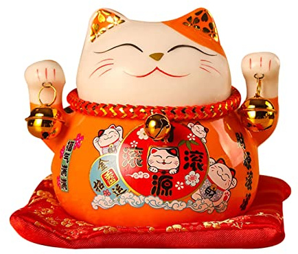 Glückskatzen Spardose Japanische Deko Keramik Maneki Neko, Orangene | 12 x 9 x 10 cm Glückskatze Spardose Feng Shui Münzbank Glücksbringer Kleingeld Spartopf für Schreibtischdekoration