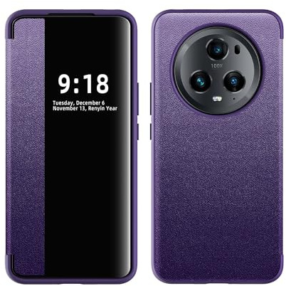 MUDASANQI Smart Case kompatibel mit Huawei Honor Magic 5 Pro, durchscheinendes Sichtfenster, ultradünne Leder-Schutzhülle für Honor Magic 5 Pro (lila)
