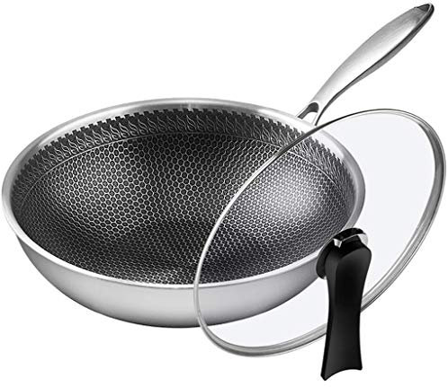 Wok para inducción Sartén Antiadherente de Acero Inoxidable 304 Wok Sin Recubrimiento Olla de Humo sin Aceite Estufas de Gas Cocina de inducción Wok Universal (Tamaño: 32 cm) (34 c