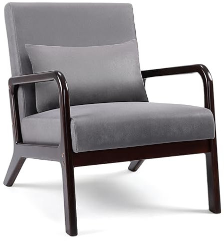 Flysky Sessel Wohnzimmer Loungesessel Moderner Relaxsessel Polstersessel Einzelsofa Armlehnenstuhl mit dunkelbraune Massivholzbeinen, Grau