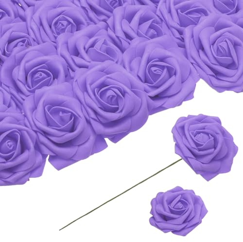QUARKZMAN 25 Stück Schaumrosen Künstliche Blumen, Gefälschte Rosen mit Stielen Schaum Real Touch Faux Rosen für Hochzeit Party Büro Duschen Hausdekoration, Lila