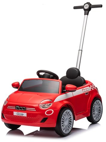 TURBO CHALLENGE - FIAT 500 E – Lauflernhilfe – 119500 – Freiräder – Rot – max. 25 kg – Kunststoff – Batterien Nicht im Lieferumfang enthalten – Führungsstange – Spielzeug für Kinder – Geschenk –