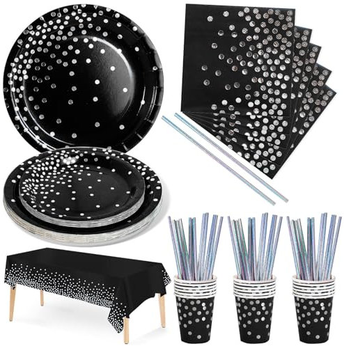 Nkaiso Party Tableware 126 Piece Black and Silver Paper Tableware Set Includes Birthday Paper Plates Napkins Cups Straws for Wedding Shower Engagement Wedding Birthday-25 Guests
