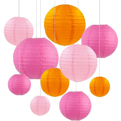 ZYOOO 10 Stück Orange Rosa Papierlaterne Lampion rund Lampenschirm (Set 4 Farben à 25cm, 20cm，15cm,10cm) Lampions Hochzeit,Gartenparty Deko,Bride to Be Deko,Herbst Deko