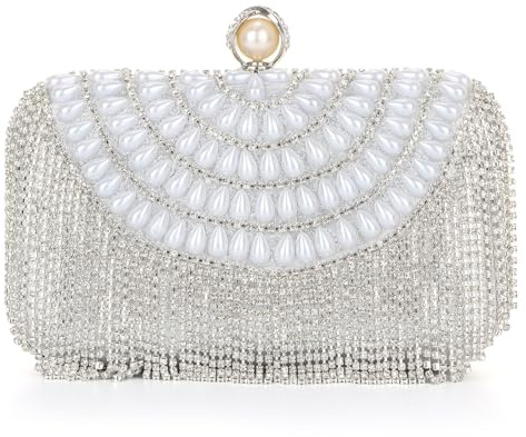 EVEOUT Perlen Clutch für Damen Handtaschen mit Kristall Elegante Perlen Hochzeitstaschen Brauttasche Strass Quaste Abendtasche Umhängetasche für Party Abschlussball