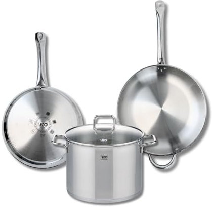 ELO 9508150 Batterie de cuisine 3 pièces, Ensemble de 2 Poêles de cuisson 28 et 32 cm et 1 faitout 26 cm Elo Profi Citrin, inox, induction, Gris Flanelle