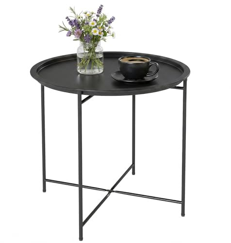 Outsunny Tavolino da Esterno Ø46 cm con Vassoio Rimovibile e Gambe Pieghevoli, Tavolo da Giardino Moderno Rotondo in Acciaio con Piedini Regolabili, Nero