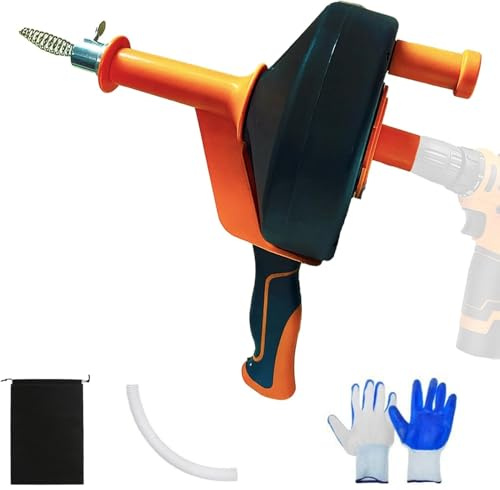 Sonhomay 25 ft Drain Auger Plumbing Snake Auto Feed with Drill Attachment Clog Remover Manual or Powered Use with Hose and Gloves Fits on Almost All Drains for Shower Bath Sink Kitchen Sewer