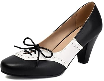 elerhythm Damen Mary Jane 1920er Jahre Pump Absätze Zwei Töne Klassisch und Retro Spitze Wingtip 1950er Jahre Vintage Runde geschlossene Zehe 1940er Jahre Schuhe (Schwarz EU40)