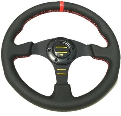 Volante sportivo da 13'' per auto, cuciture rosse/gialle, tipo piatto, volante da corsa in vera pelle, 330 mm, universale(Red Rim-omp)