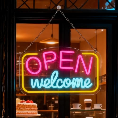 Open Welcome neonskylt, 43 x 23 cm LED-skylt dimbar, färgglada öppna neonskyltar USB-drift, justerbar ljusstyrka öppen skylt för kaffe, klubb, restaurang, hotell, butik, bar, gåvor