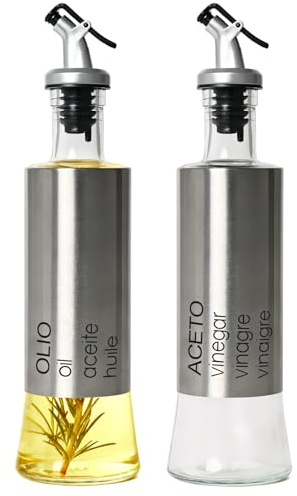 Dc Casa Set 2 Oliera Salvagoccia con Beccuccio Dosatore Antigoccia, Bottiglia per Olio in Vetro Senza Piombo da 350ml, Adatta per Friggitrice ad Aria, Cucina, Barbecue e Insalate (Argento)