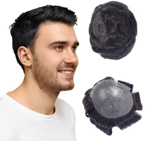 Premium Men's Human Hair Toupee System 8 X 10 inch 0.03/0.04mm 100% human hair 120% Medium light to Medium density, Toupee For Men Hair Piece Real Human Hair Replacement System (1B 8X10)