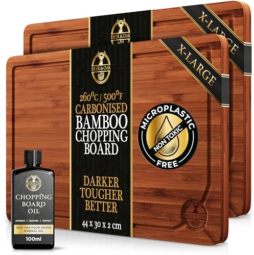 Deer & Oak Bamboo Cutting Board & Mineral Oil Bundle, X-Large Wooden Chopping Board 44x30x2cm + 100ml Food Grade Mineral Oil Set