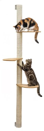 eyepower 170 cm Arbre à Chat Mural Luna avec 3 Plateaux Bois - Grand Poteau à Griffer en Sisal Fixation Murale - Griffoir Bambou pour Chats d’Intérieur - Élément d’Escalade pour Griffer - Mur Grimper