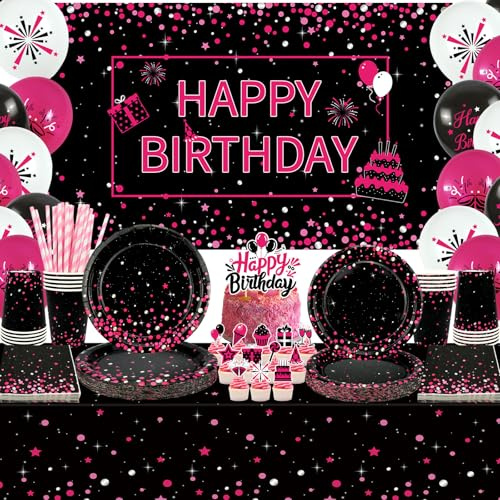 Obussgar Decorazioni di compleanno rosa e nero: accessori per feste rosa e nero, tra cui sfondo, piatti, decorazioni per torte, bicchieri, tovaglioli, palloncini, tovaglie, per 20 persone (BJ)