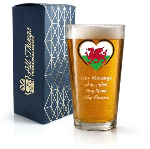 Personalised Engraved Wales Flag Pint Glass, Gift Boxed, Beer Gift, 20oz Pub Glass, Any Text, Custom Heart Design Beer Glass, Fathers Day