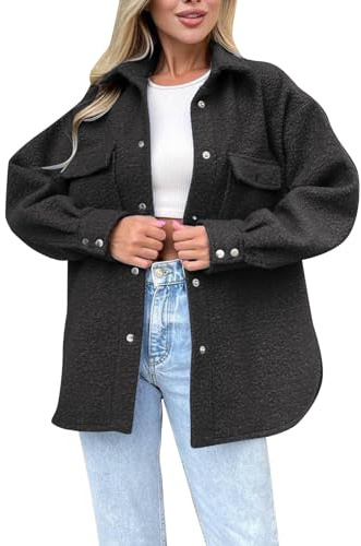 DGHM Womens Sherpa Fleece Lined Flannel Shirt Jacket Warm Button Up Solid Color Oversized Long Shacket Jackets with Pockets(Black,M)