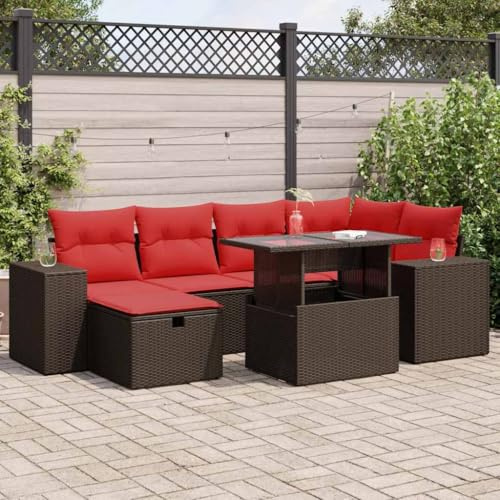 SKTQYQO Gartenmöbel-Set mit Kissen, 7-teilig, schwarz, Polyrattan, Akazie, Gartenmöbel-Set für den Außenbereich, geeignet für Gärten