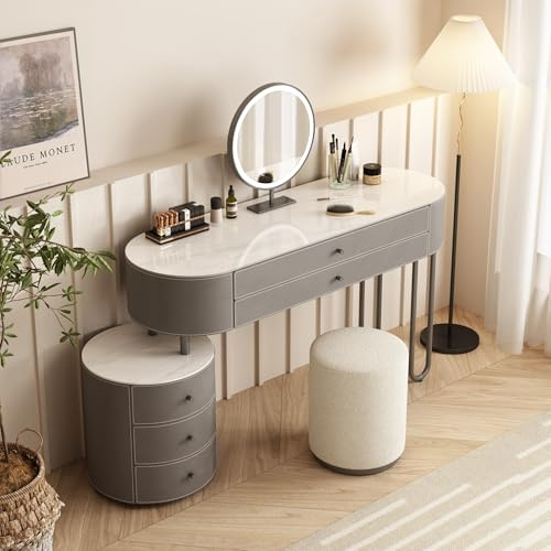 Lartis Jahnea Vanity-Elegant Set: Saddle Leather-Finished Top Vanity Table & Stool, Stainless Steel Support, Reversible Installation, and Dimmable LED Mirror (Gray/Gray/Statuario White)