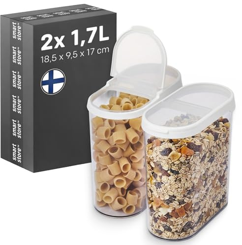 SmartStore Cereal Storage Containers, Set of 2 x 1.7 L | Stackable, Clear, Flip Lid | BPA-Free Kitchen Storage Containers | Pantry Food Storage Containers | Cereal Dispenser, Granola, Pasta, Rice