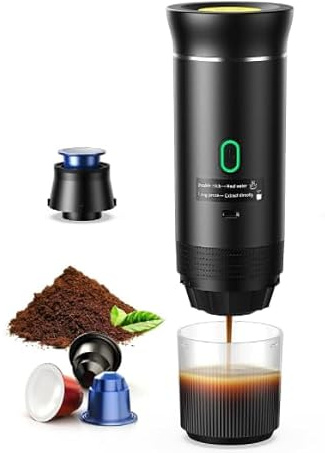 Yospinber Cafetière Portable 3 en 1, Cafetiere Rechargeable Expresso Machine a Cafe compatible avec capsules Ness-preso, Dolce-Gusto et café moulu, pour Bureau, Maison, Voyage