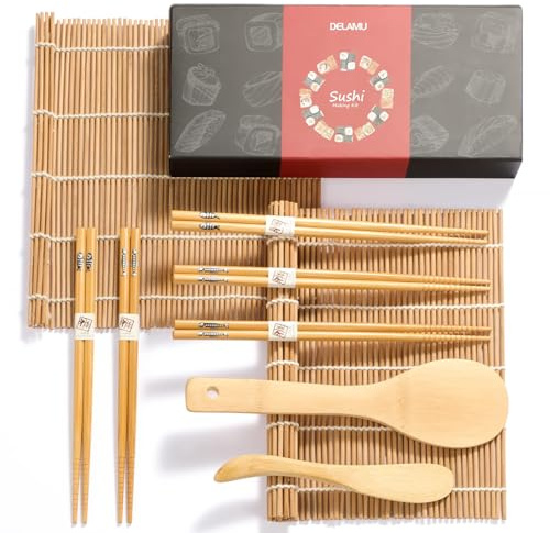 Sushi Making Kit, Delamu Bamboo Sushi Mat, Including 2 Sushi Rolling Mats, 5 Pairs of Chopsticks, 1 Paddle, 1 Spreader, 1 Beginner Guide PDF, Beginner Sushi Kit, Sushi Plates