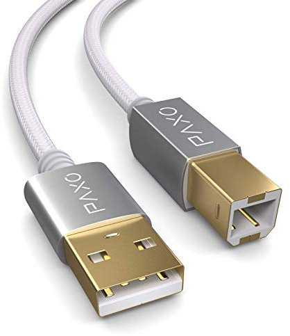 PAXO 2m Nylon USB Druckerkabel, weiß, USB A Stecker auf USB B, Ladekabel, Datenkabel, Goldstecker