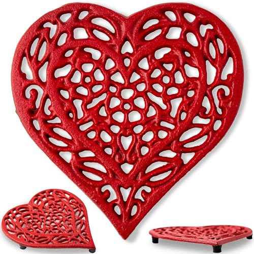 Comfify Dessous de Plat en Fonte en Forme de cœur, décoratif et Vintage, pour comptoir de Cuisine ou Table de Salle à Manger, avec Chevilles en Caoutchouc, métal recyclé, 17 x 16,5 cm, Rouge