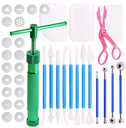 Swpeet 36Pcs Blå lera extruder pistol Fondant sockerpasta extruder lera tårta skulpturpistol, boll stylus prickning verktyg med plastskrapa, tårta dekorera leveranser modelleringsverktyg (Grön)