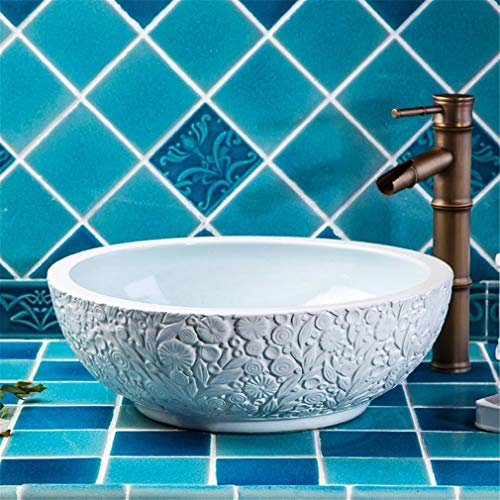 Style Européen Céramique Art Vasque à Poser Rond Facile Peint Lavabo Évier En Relief Motif De Sculpture Fait Main Salle De Bains Cuisine Décoration D'intérieur 41 Cm
