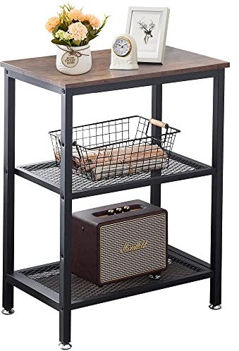 VECELO Tall End Side Tables,30 Height Nightstand with 3-Tier Storage Shelf for Bedroom Living Room, Easy Assembly,Industrial Style, Brown