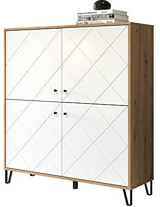 trendteam smart living - Touch - Sideboard - Weiß/Eiche - Highboard mit 4 Türen und 3 Einlegeböden - Fronten mit dekorativer Fräsung - (BxHxT) 123 x 136 x 40 cm - extravagante schwarze Metallfüße