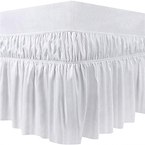 frequency Gefalteter ​Bettrock Bettvolant Bettrock mit Rüschen Elastischer Staub-Rüschen Ruffled Solid Bed Rock, Wrap Around Style, Elastische Bett Ruffle Rock (Queen 150 x 200 x40 cm, Weiß)