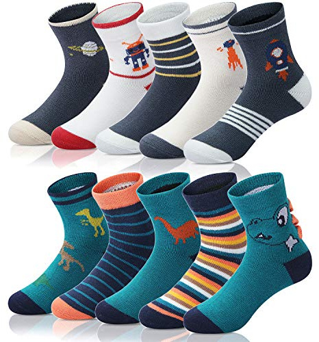 Adorel Jungen Socken Baumwolle Kindersocken Babysocken Strümpfe 10er-Pack Dinosaurier und Raumfahrt 24-26 (Herstellergr. M)