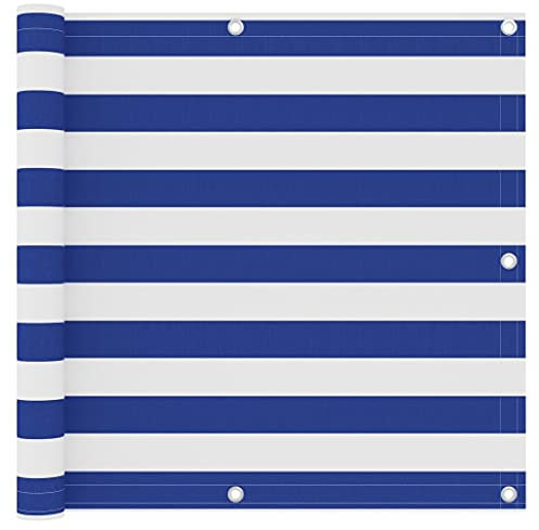 Balkonumspannungen in Garten, Balkon Sichtschutz Balkonbespannung Balkonverkleidung, Balkonsichtschutz Windschutz UV-Schutz aus Oxford-Gewebe, Aluminium-Ösen und Seil, Weiß und Blau 90x500 cm