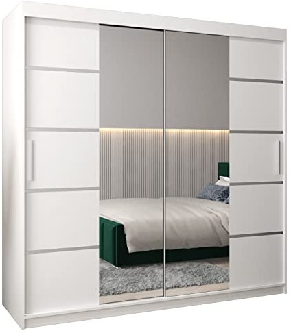 MEBLE KRYSPOL Verona 4 200 Schlafzimmerschrank Schiebetüren Schrank mit Spiegel Kleiderschrank mit Spiegel Schiebetürenschrank Kleiderschrank Schiebetüren – 200x200x62cm - Mattweiß