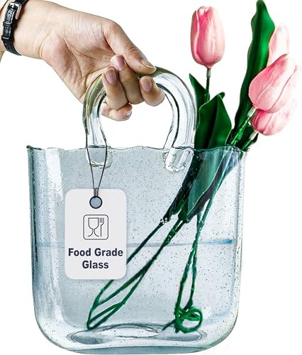 OLEEK Purse vases for Flowers (Handmade) Glass Bag vase -10 Inches- Blue for centerpieces & Fish Bowl - Handbag Unique Flower vase Decorative - Glass Handbag for Cute Room Decor