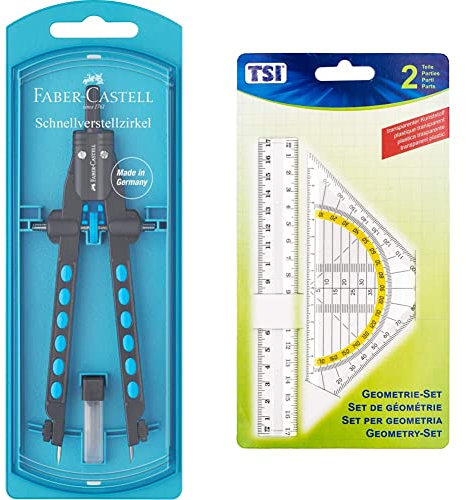 Faber-Castell 174340 - Schnellverstell Zirkel, Factory, blau, 1 Stück & TSI 46303 Geometrie-Set (Lineal 17 cm und Geo-Dreieck 16 cm)