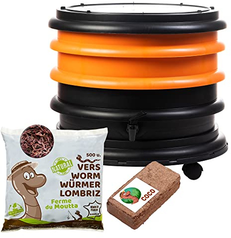 WORMbox | Wurmkomposter Wurmfarm Wurmkiste mit 2 Schalen Orange + 250g Kompostwürmer / 500 STK + 1 Coco | 32 Liter | Regenwurmkomposter, Kompostwürmer produzieren Wurmhumus