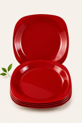 Buzztrove 4 Pcs Flat Plastic Plates | S/M/L Unbreakable Kids Plates for Outdoor Parties, Colorful Picnic Plates | E-Co Friendly Reusable Plastic Plates (Large 27 x 27cm, Red)