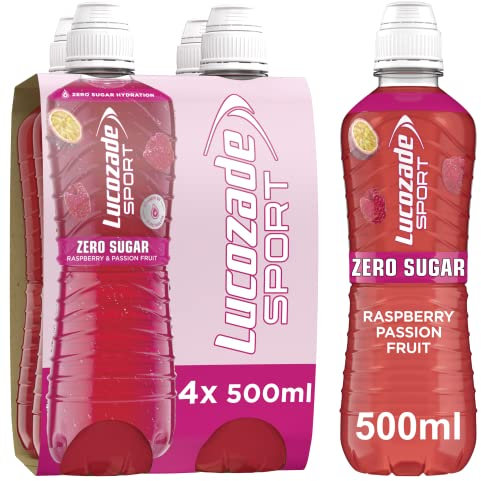 Lucozade Sport Zero Sugar - Raspberry and Passionfruit 4x500ml | Sugar Free Sports Drink, with Vitamin B3 and electrolyte | Only 4 calories per serving | Still | Made with Natural Flavours